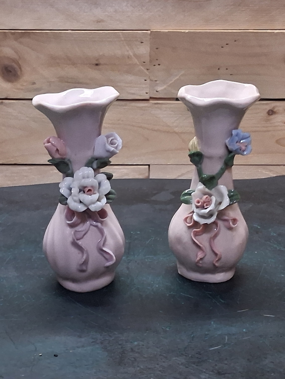 Vintage Delicate Pink Ceramic Floral Bud Vases - Pair Of 2
